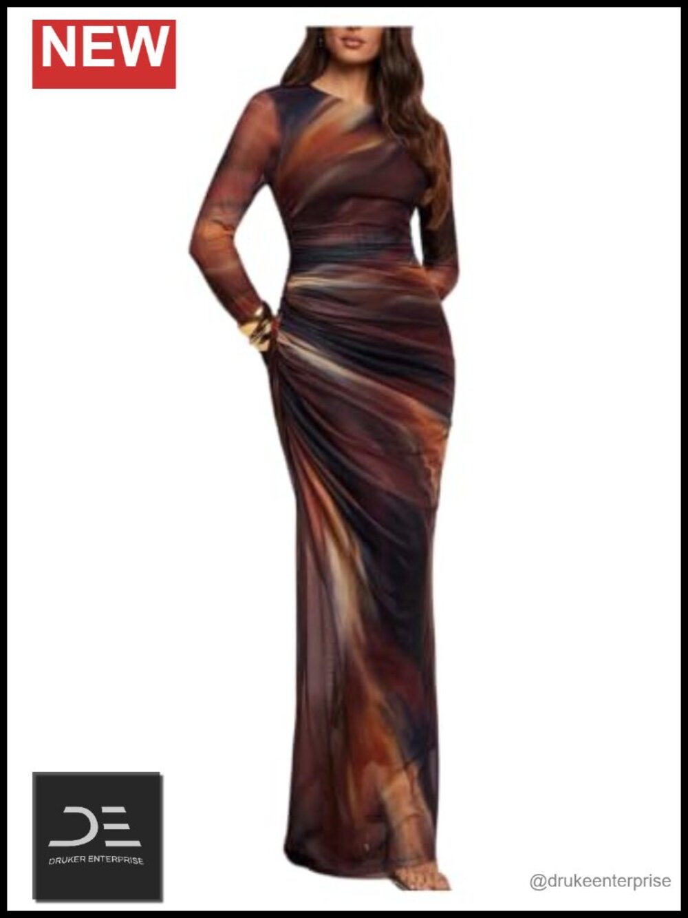 Women's Ruched Maxi Dress Long Sleeve Bodycon Wedding Guest